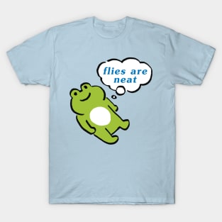 kawaii cute green frog contemplating life / flies are neat text T-Shirt